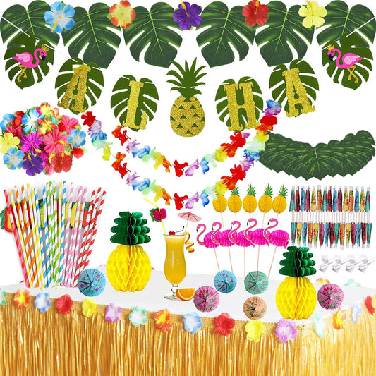 114 Pcs Hawaiian Party Decorations Set,Hawaiian Luau Grass Table Skirt,Hawaiian Flowers,Garland,Palm Leaves,Multicolored Umbrellas, Paper Pineapples,for Jungle Garden Beach Summer Tropical Party A-114 Pcs