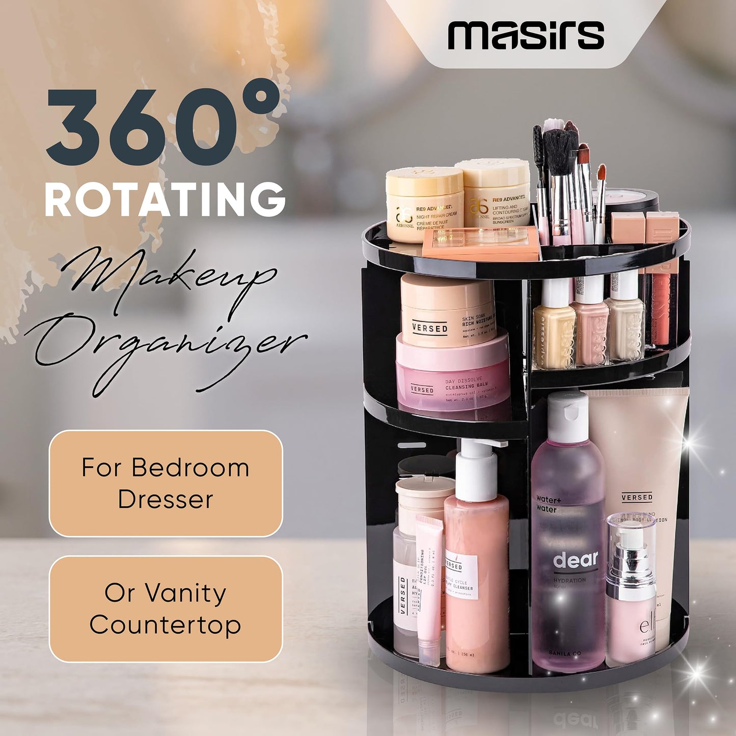 360 Rotating Makeup Organizer - Adjustable Shelf Height and Fully Rotatable. The Perfect Cosmetic Organizer for Bedroom Dresser or Vanity Countertop. (Black) Black