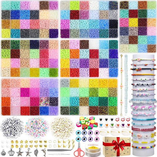 27000pcs 4mm Glass Seed Beads for Jewelry Making, 168 Colors Small Craft Beads for DIY Bracelets Necklaces Making, Beads for Bracelet Making Kit with Elastic String＆Alphabet Beads, Christmas Gifts 168 Colour