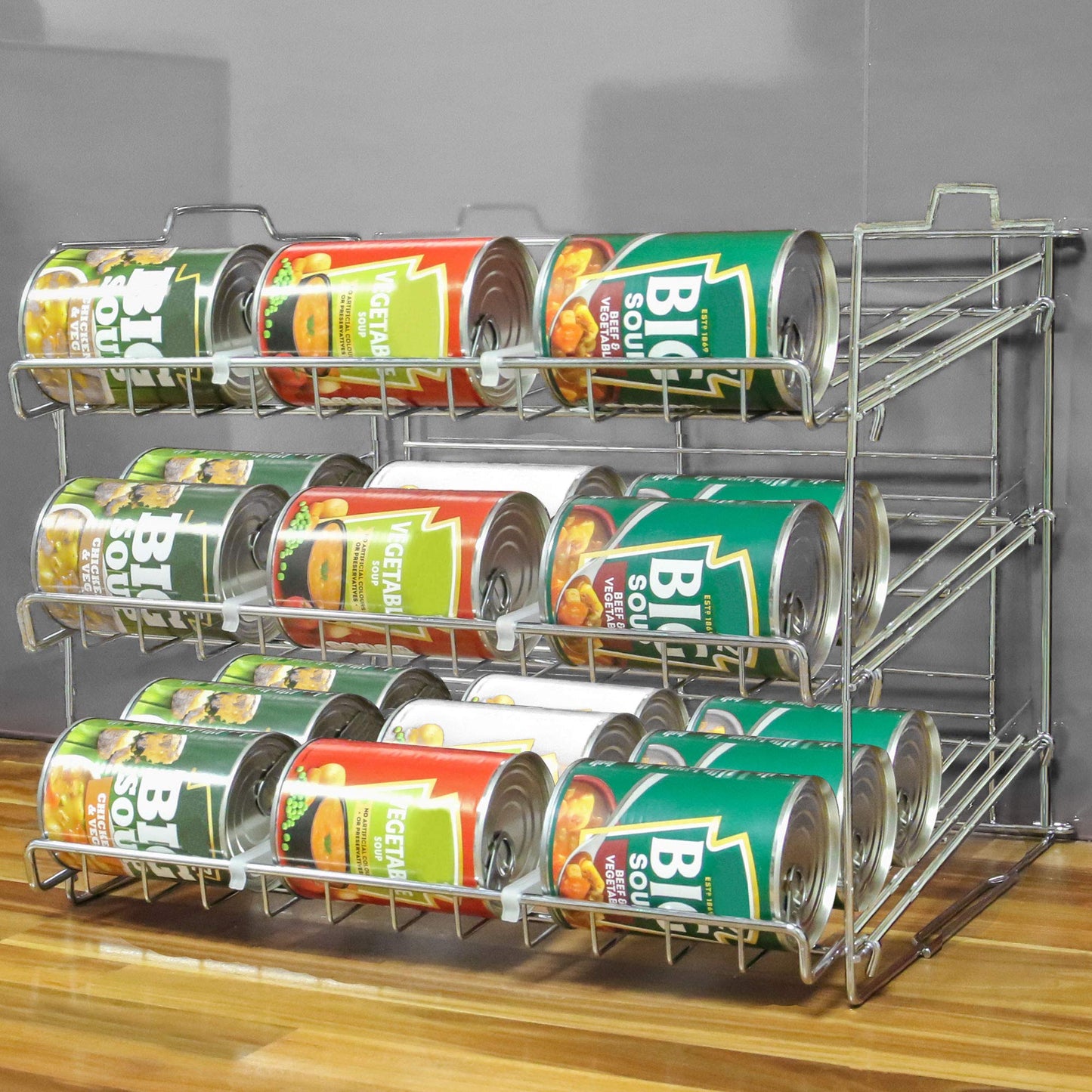 3 Tier Tin Can Rack | Kitchen & Pantry Cupboard Organiser | Canned Food & Tin Storage | Stainless Steel Wire Rack | 6 Divider Shelf Organisers | M&W