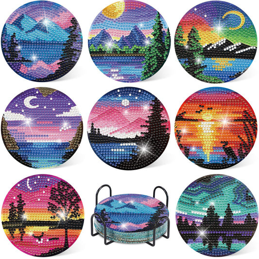 8 Pcs Diamond Paintings Coasters Kits with Holder,DIY Cartoon Coaster Diamond Art Kits,Full Drill Rhinestone Painting Kits for Adults & Kids,Beginners Art Craft Supplie