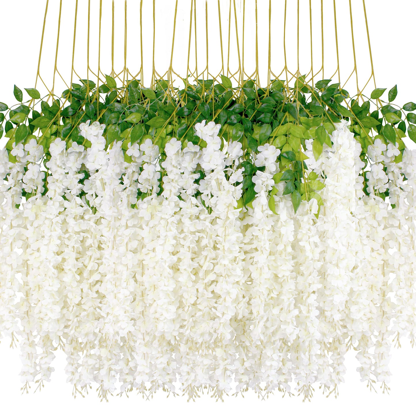 24Pcs Artificial Wisteria Flowers 43 inch/Piece White Dense Artificial Fake Wisteria Vine Ratta Hanging Garland Silk Flowers String Home Party Wedding Decor(White-Dense） 24pcs White-dense