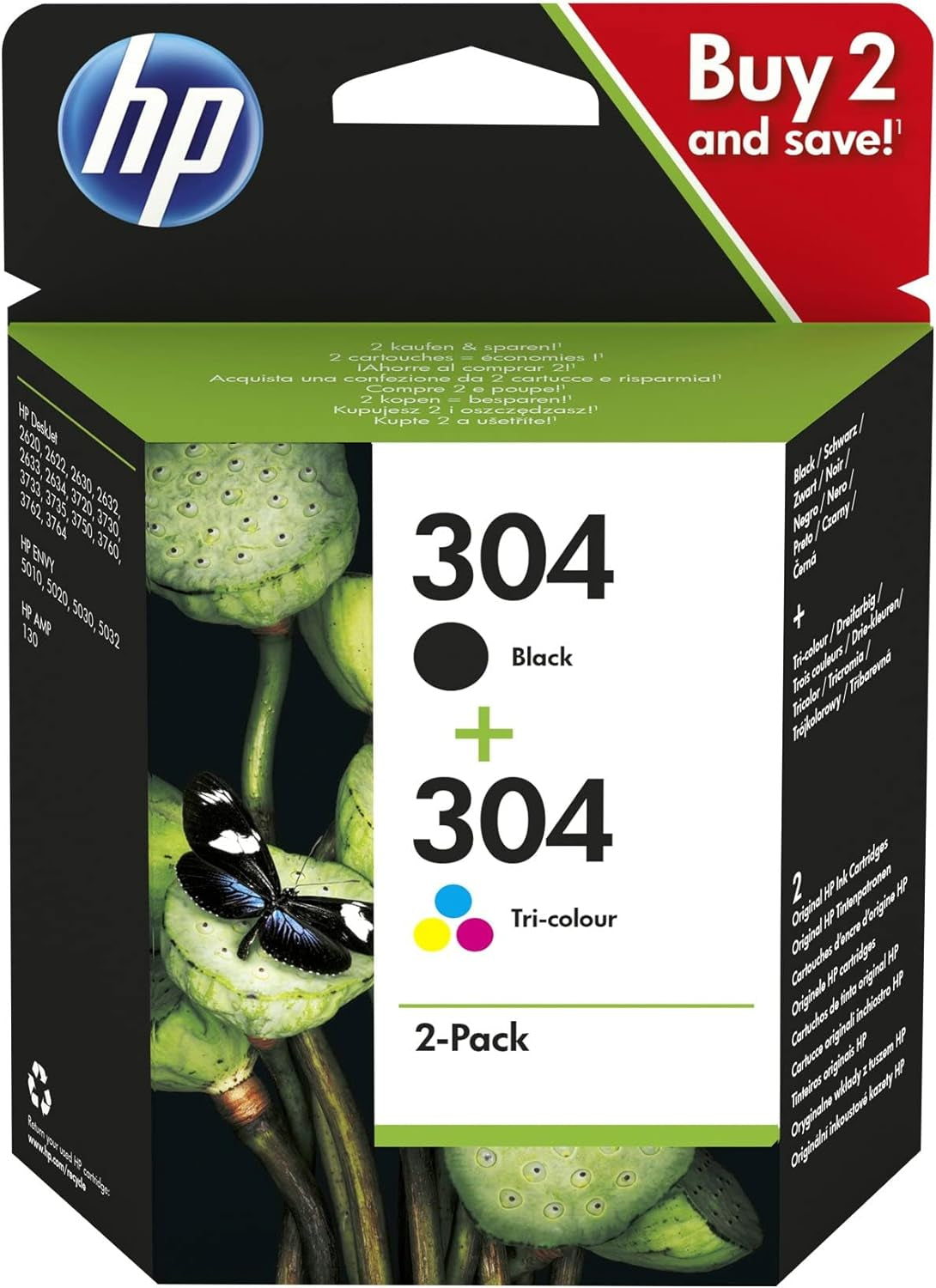 304 Tri-Colour and Black Original Ink Cartridge 3JB05AE, 2 Count (Pack of 1)